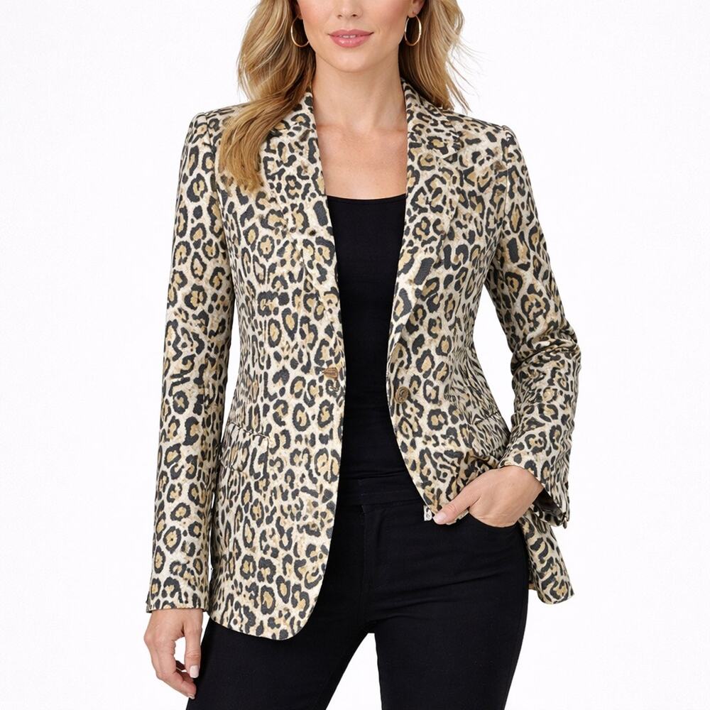 Elie Tahari Sz 2 The Marcie Single-Button Jacquard Blazer Gold Metallic Leopard